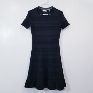Sandro Paris Black Knit Crochet A-Line Dress Ruffle Hem Short Sleeves